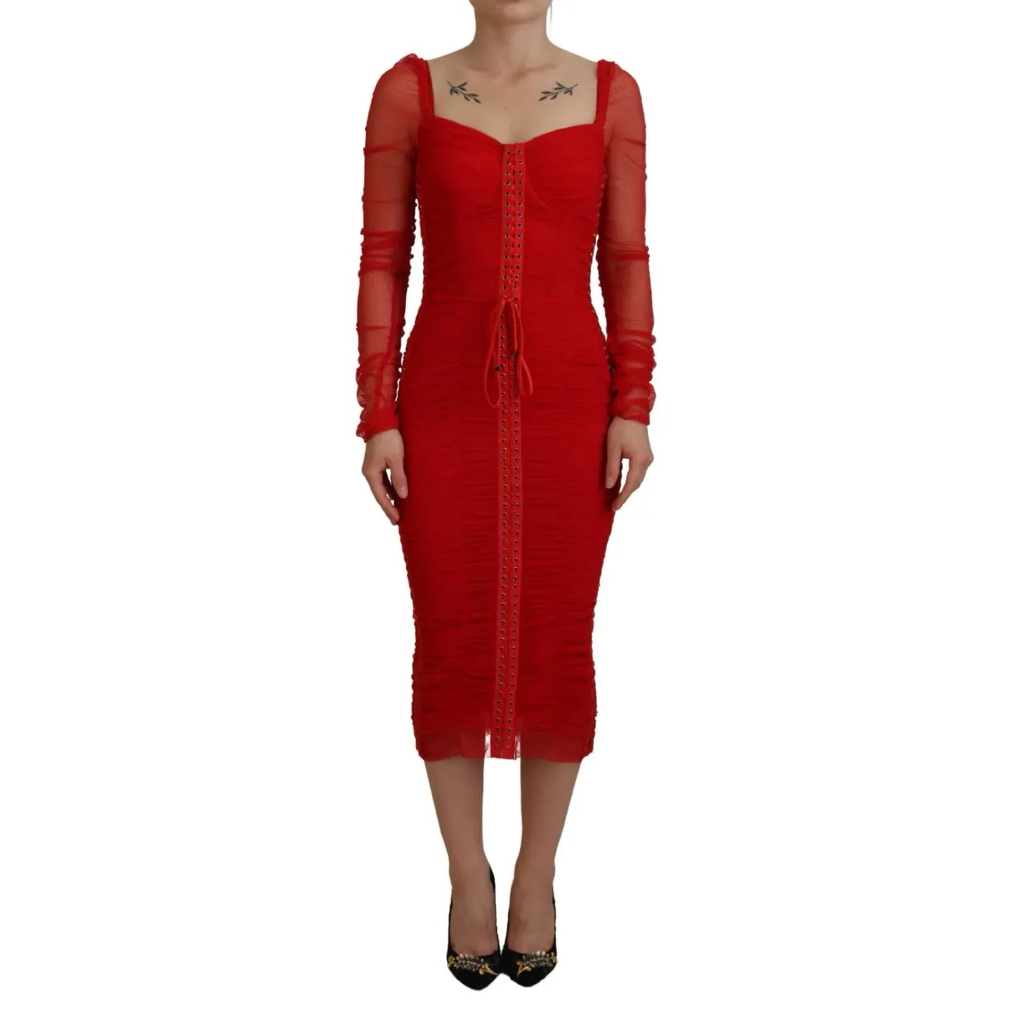 Dolce & Gabbana Red Mesh Trim Bodycon Sheath Midi Dress with long sleeves, zipper back, exclusive design, high craftsmanship.