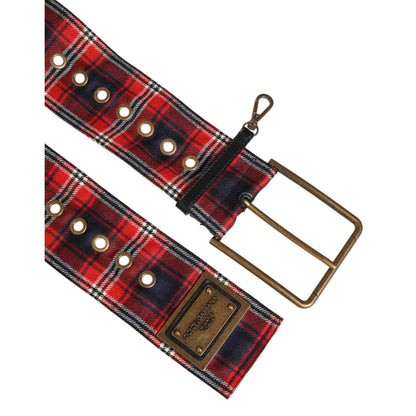 Dolce & Gabbana Red Plaid Fabric Logo Plate Brass Buckle Belt with gold-tone hardware and eyelet detailing