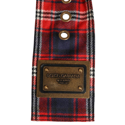 Dolce & Gabbana Red Plaid Fabric Logo Plate Brass Buckle Belt with antique brass logo plate and plaid pattern