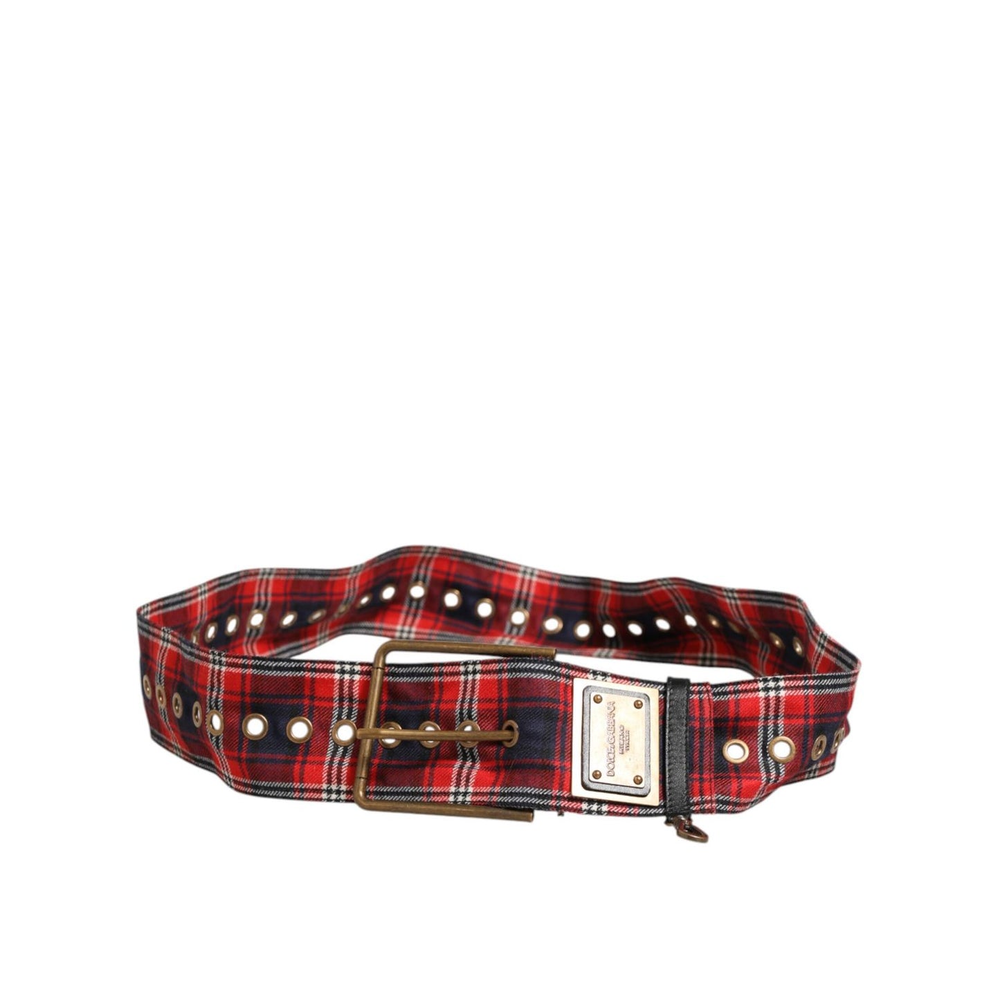Dolce & Gabbana Red Plaid Fabric Logo Plate Brass Buckle Belt with antique brass hardware and engraved logo plate.