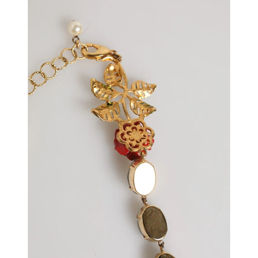 Dolce & Gabbana Red Rose Green Crystal Gold-Tone Chain Necklace detail showing gold embellishments and floral accents.