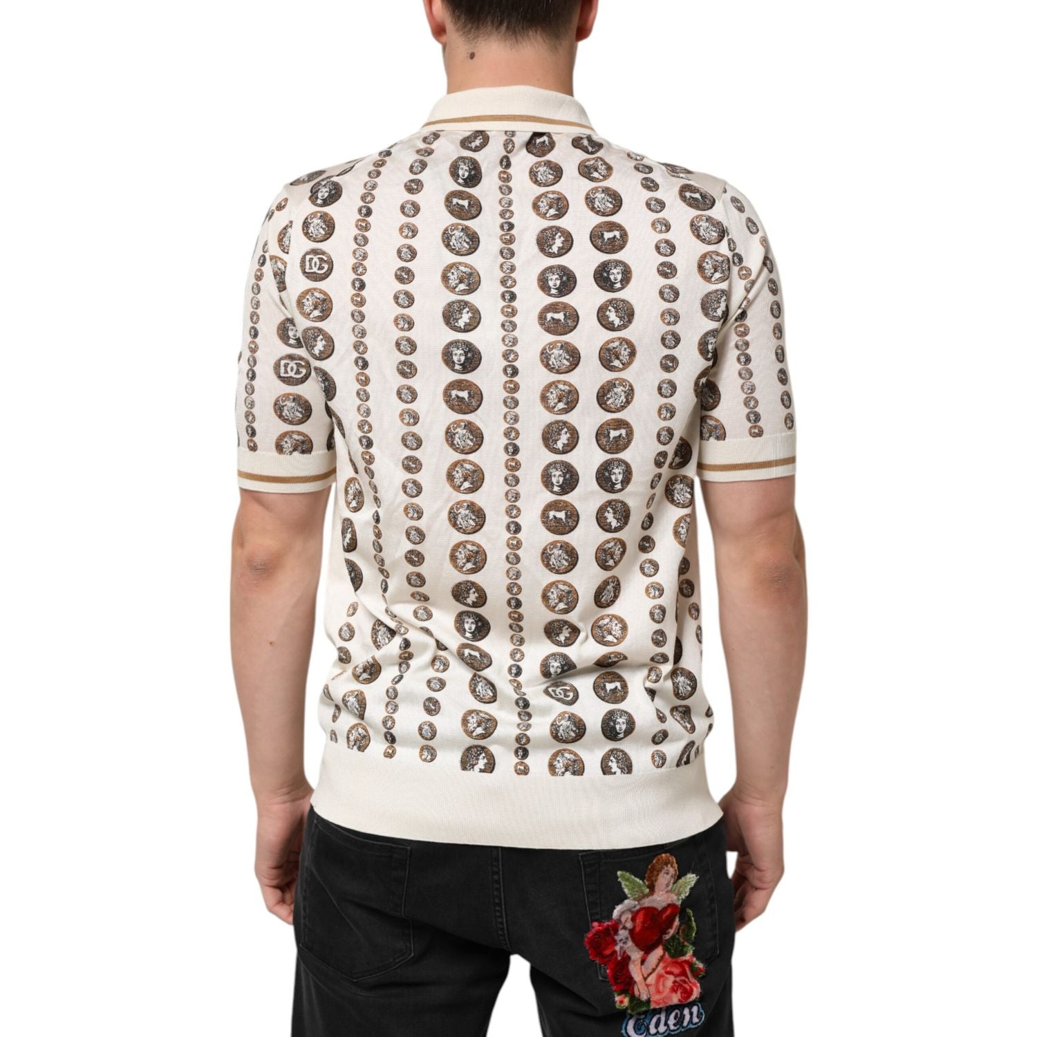 Dolce & Gabbana Silk Ivory Coin Print Logo Men Polo T-shirt