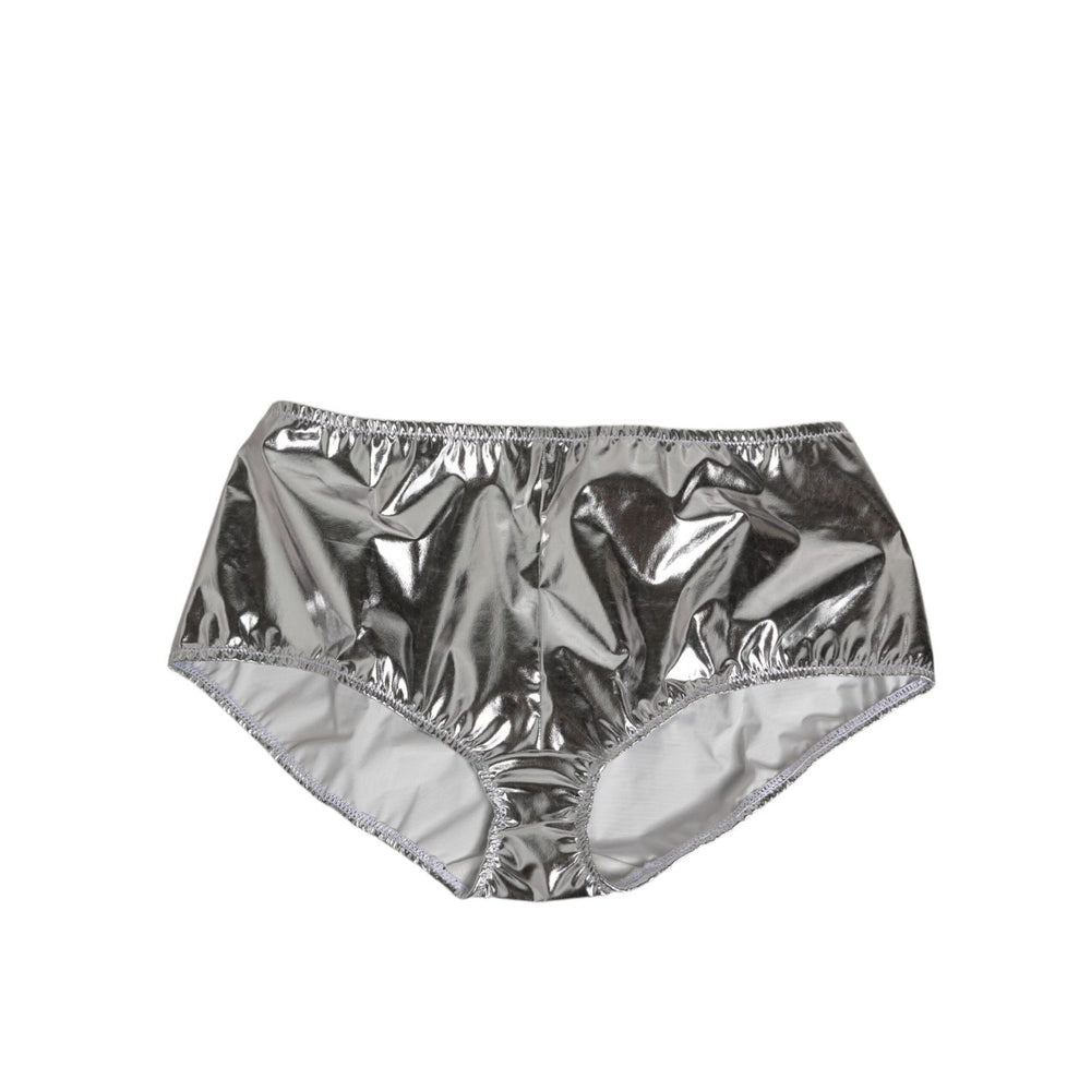 Dolce & Gabbana Silver Metallic High Waist Bikini Bottom Women Underwear, luxury Italian swimwear, bold fashion statement.