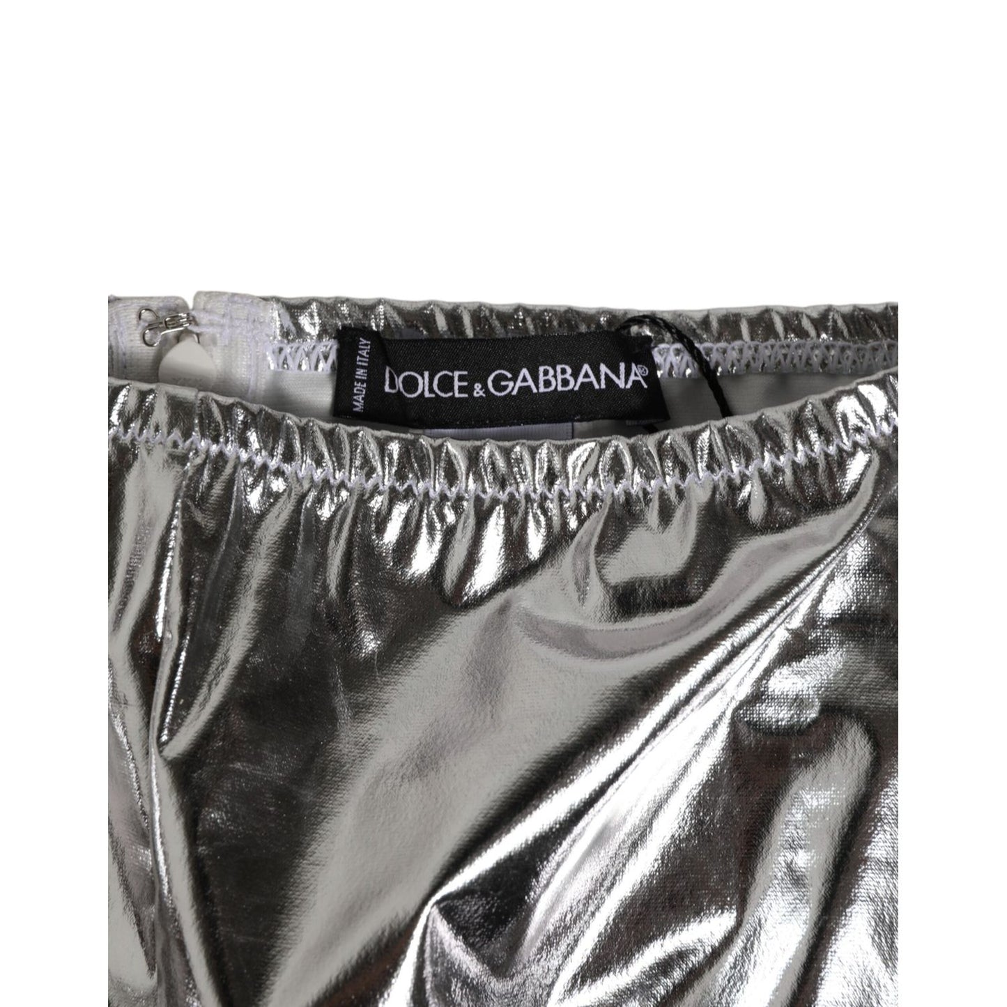 Dolce & Gabbana Silver Metallic High Waist Bikini Bottom Women Underwear with logo detail, crafted from polyester and elastane.