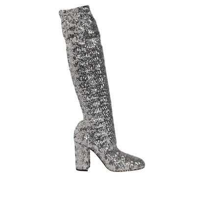 Dolce & Gabbana Silver Sequins Glitter High Heel Boot Shoes