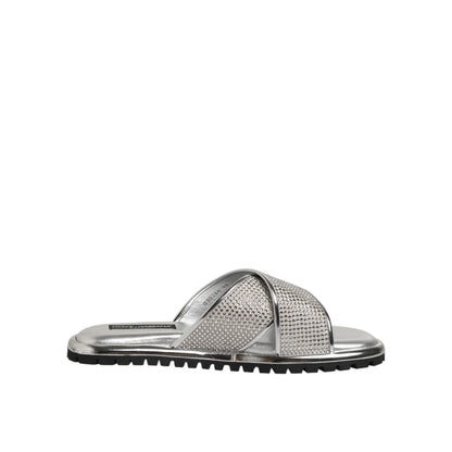 Dolce & Gabbana Silver Strass Slides Flats Slippers Shoes with sparkling embellishments and sleek slip-on design