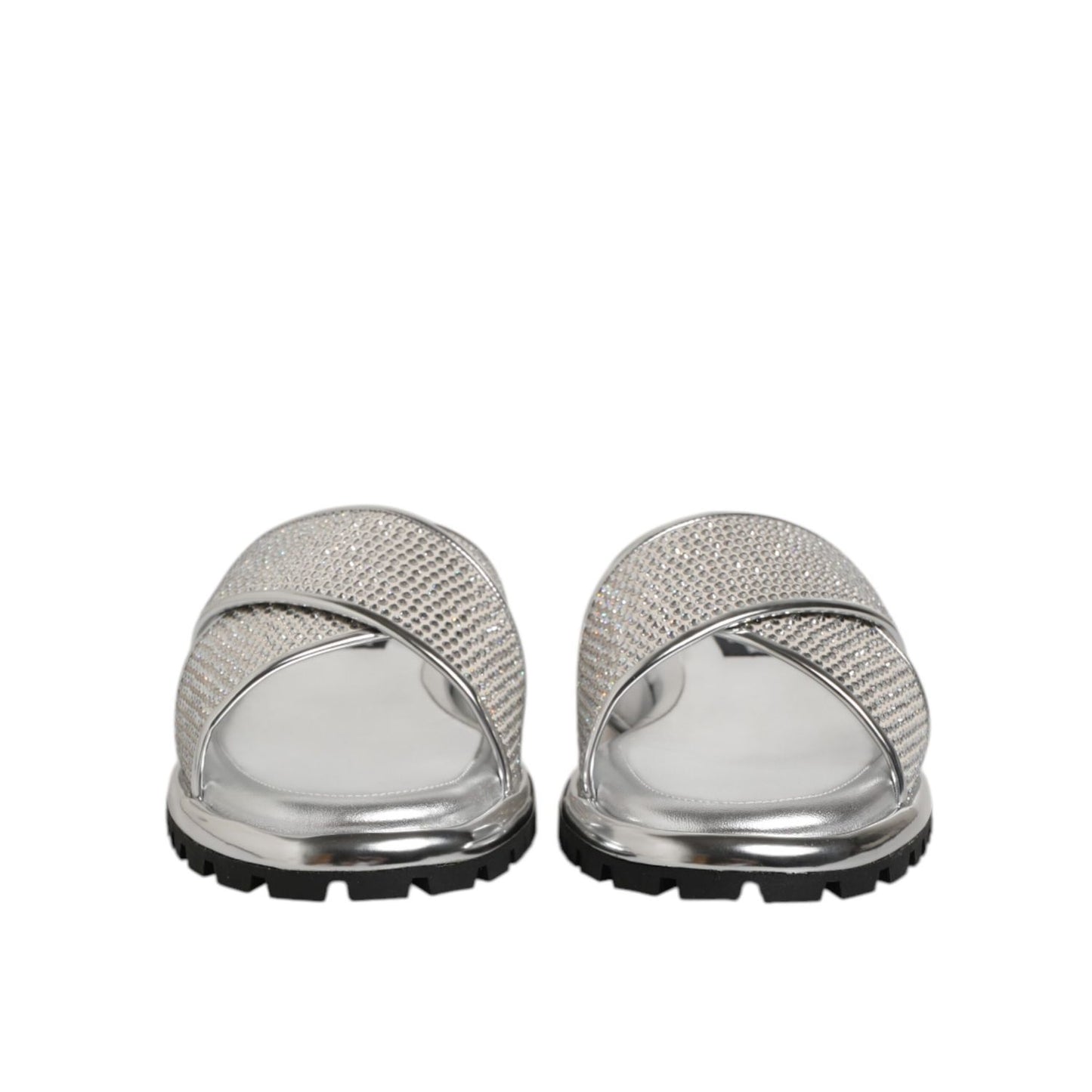 Dolce & Gabbana Silver Strass Slides Flats Slippers Shoes with sparkling embellishments and flat sole, front view.