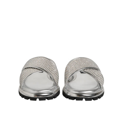 Dolce & Gabbana Silver Strass Slides Flats Slippers Shoes with sparkling embellishments and flat sole, front view.