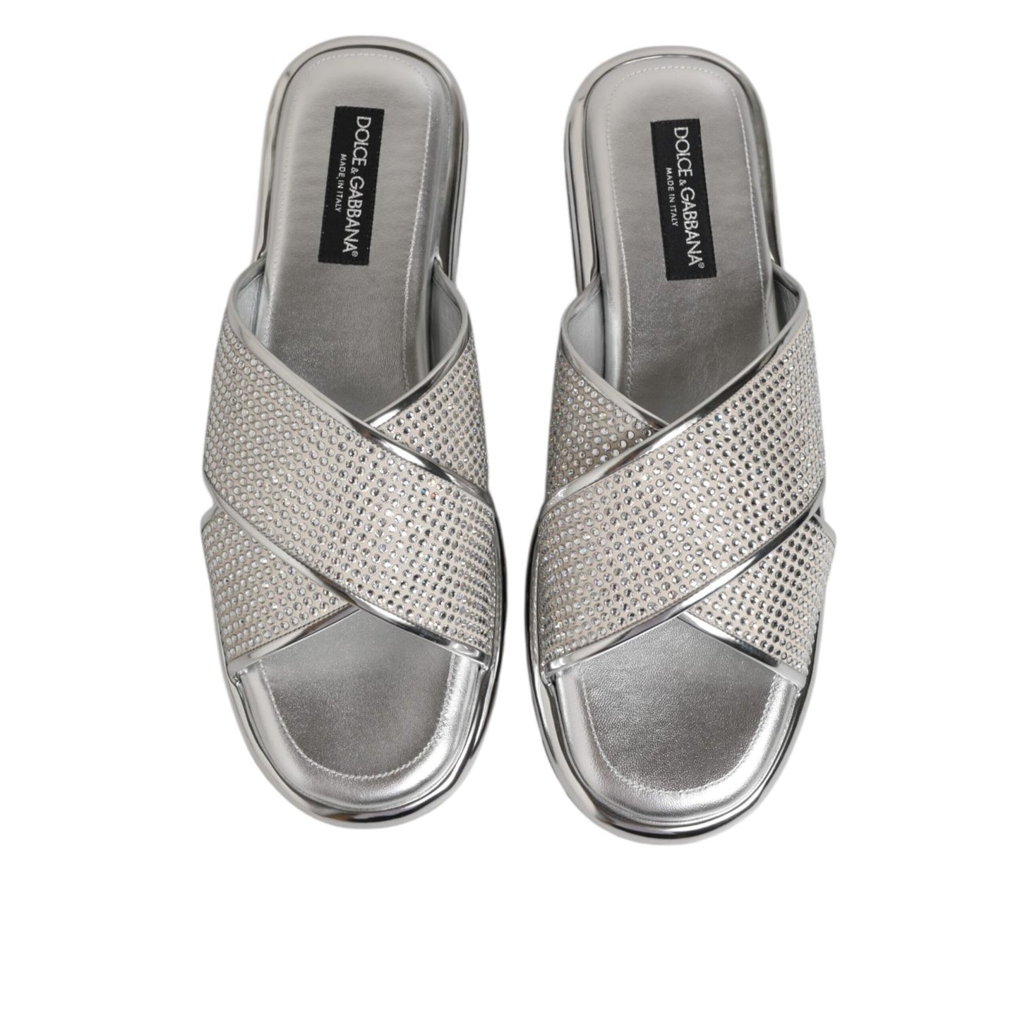 Dolce & Gabbana Silver Strass Slides Flats Slippers Shoes with sparkling embellishments and sleek slip-on design.