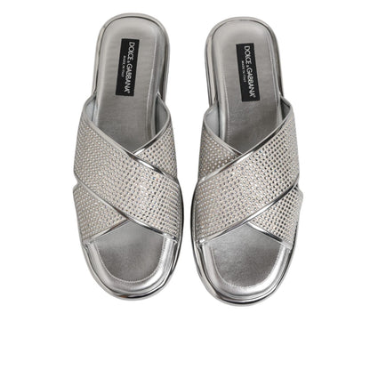 Dolce & Gabbana Silver Strass Slides Flats Slippers Shoes with sparkling embellishments and sleek slip-on design.