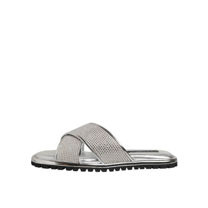 Dolce & Gabbana Silver Strass Slides Flats Slippers Shoes with sparkling embellishments and sleek slip-on design.