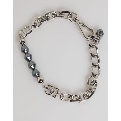 Dolce & Gabbana Silver Tone Chain Lobster Clasp Logo Gray Pearls Bracelet