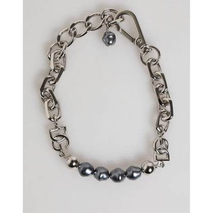 Dolce & Gabbana Silver Tone Chain Lobster Clasp Logo Gray Pearls Bracelet