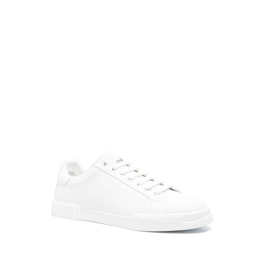 Dolce & Gabbana Sneakers White, front lace-up, round toe, logo at tongue, flat rubber sole, Portofino leather
