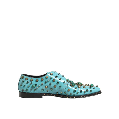 Dolce & Gabbana Turquoise Crystal Embellished Men Derby Shoes, premium leather with stunning crystal details, side view.