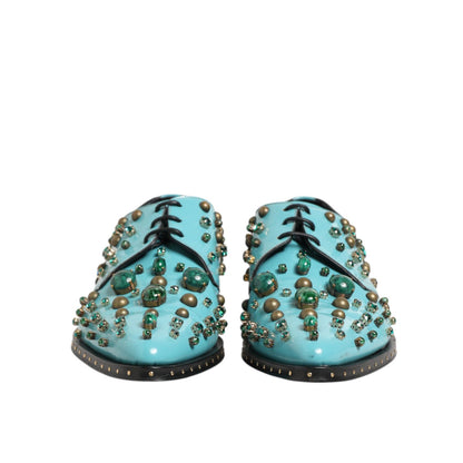 Dolce & Gabbana Turquoise Crystal Embellished Men Derby Shoes with premium leather and modern glamour.