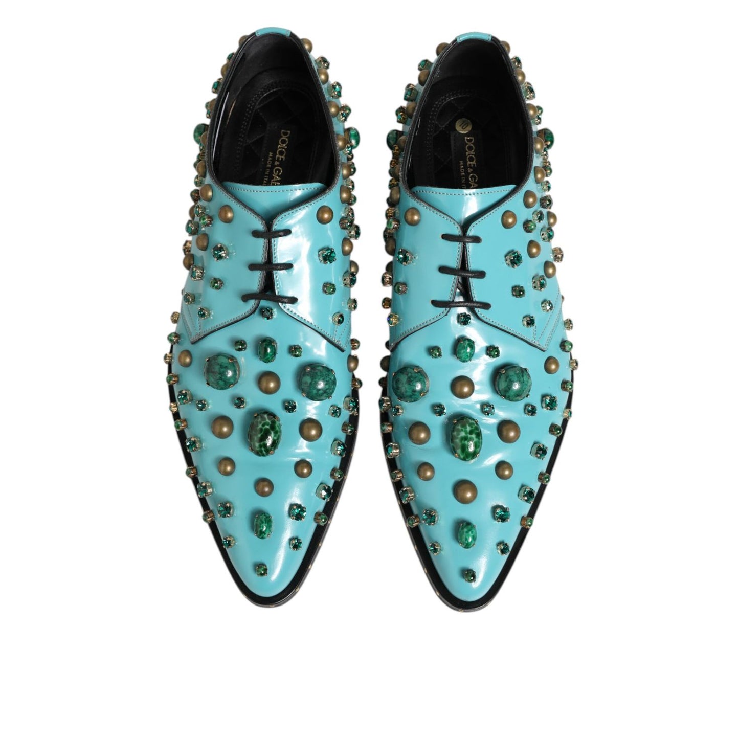 Dolce & Gabbana Turquoise Crystal Embellished Men Derby Shoes in premium leather with dazzling crystal details, modern classic style.