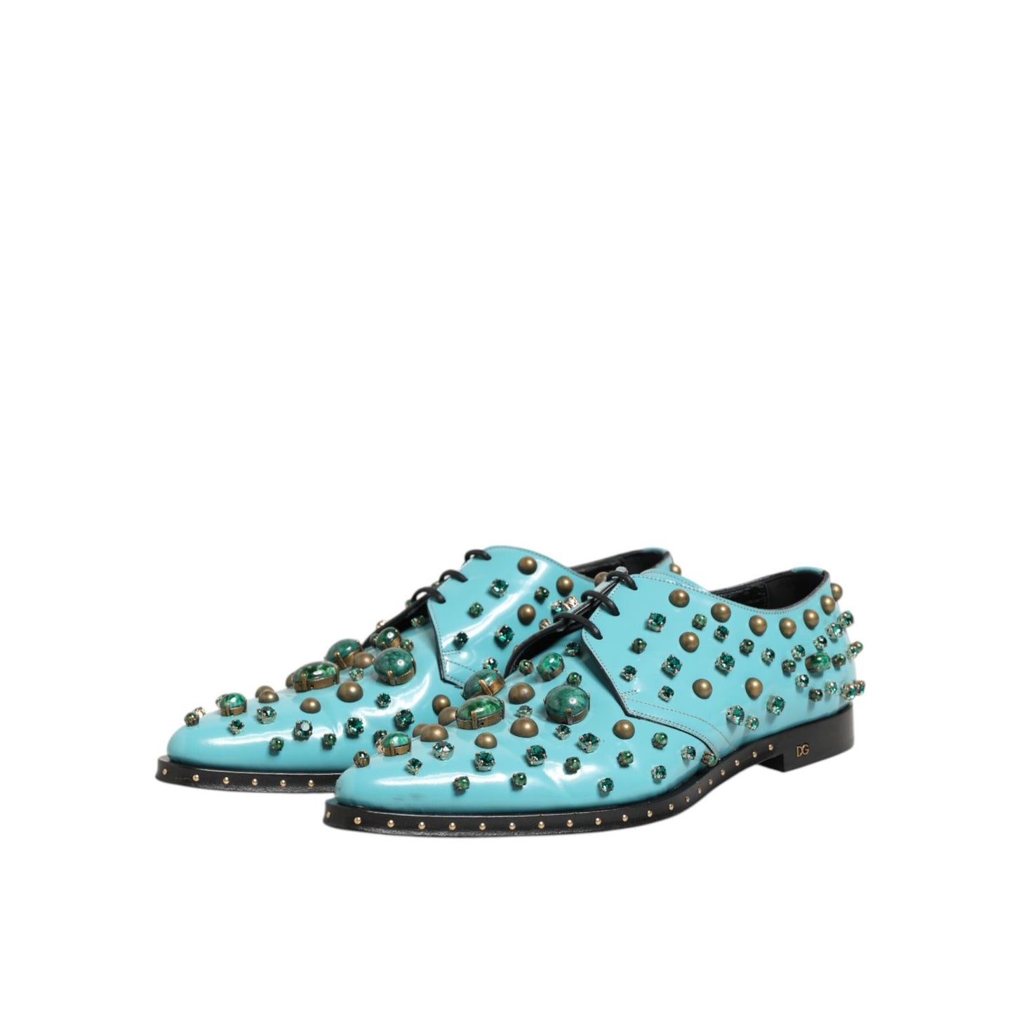 Dolce & Gabbana Turquoise Crystal Embellished Men Derby Shoes, premium leather, dazzling crystal design, luxury formal footwear.
