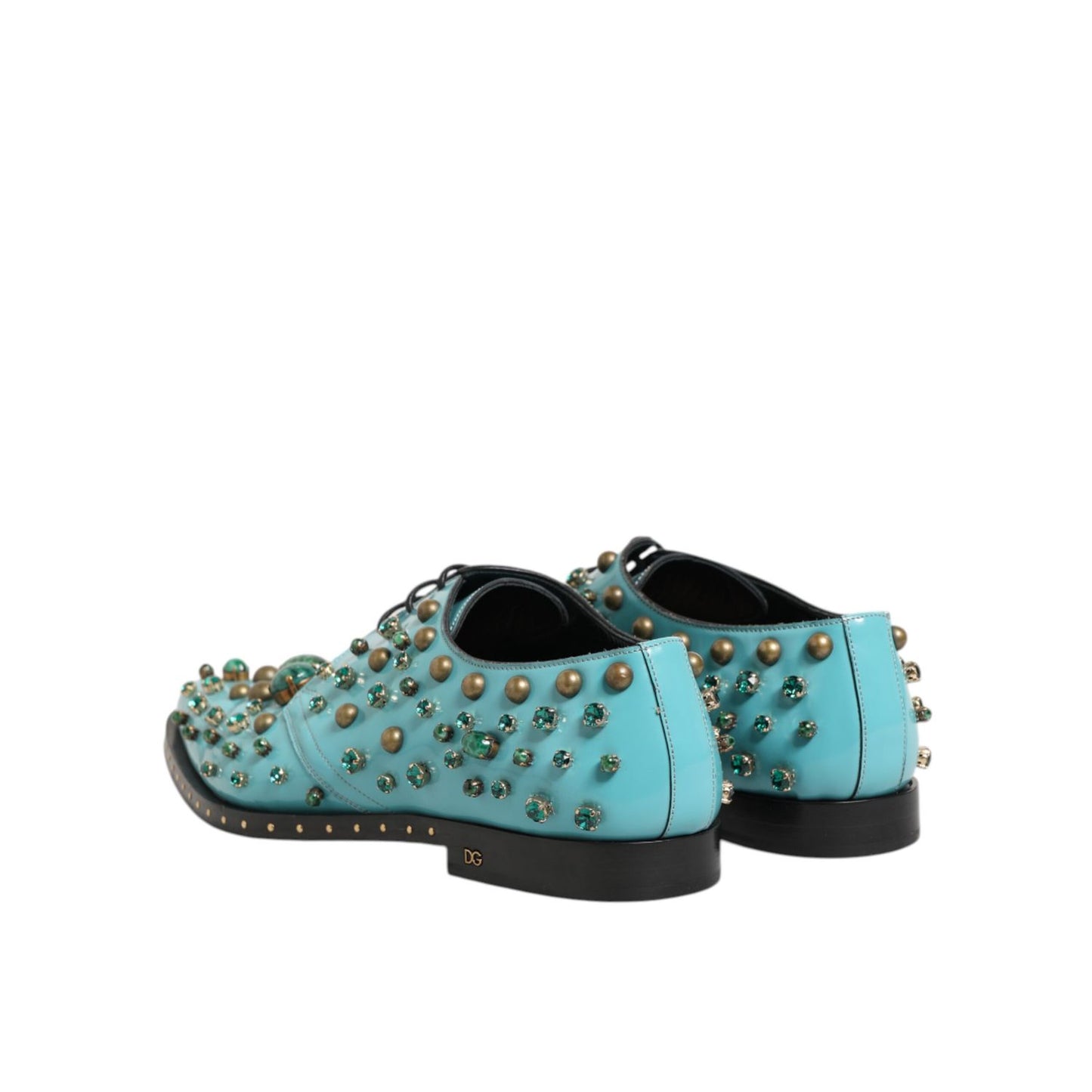 Dolce & Gabbana Turquoise Crystal Embellished Men Derby Shoes with premium leather and dazzling embellishments, rear view.