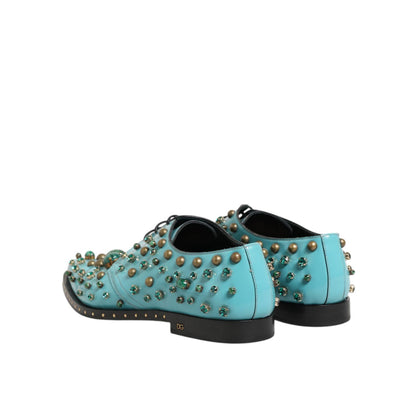 Dolce & Gabbana Turquoise Crystal Embellished Men Derby Shoes with premium leather and dazzling embellishments, rear view.