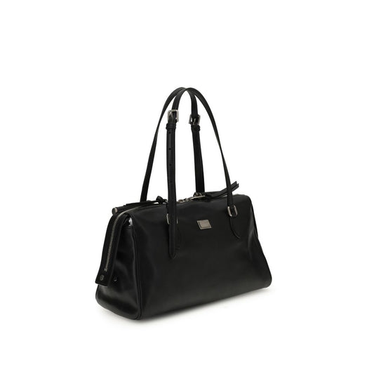 Dolce & Gabbana Vittoria Handbag in black with leather handles and zipper closure, featuring Miami palladium finish and logo plaque.