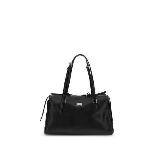 Dolce & Gabbana Vittoria Handbag with leather handles and palladium finish, featuring a monogalvanic logo plaque, black design.