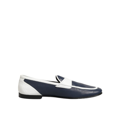 Dolce & Gabbana White Blue Leather Slip On Loafers Men Formal Shoes, sleek design in smooth calf leather