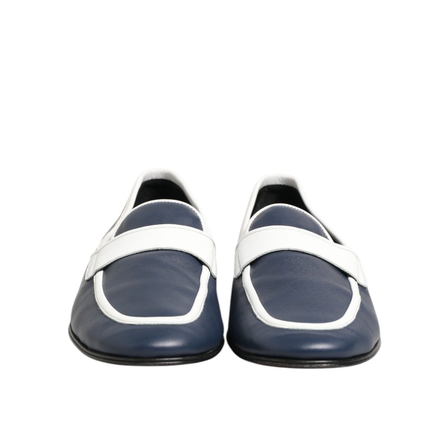Dolce & Gabbana White Blue Leather Slip On Loafers Men Formal Shoes, preowned rich white and blue leather footwear, front view.