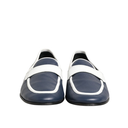 Dolce & Gabbana White Blue Leather Slip On Loafers Men Formal Shoes, preowned rich white and blue leather footwear, front view.
