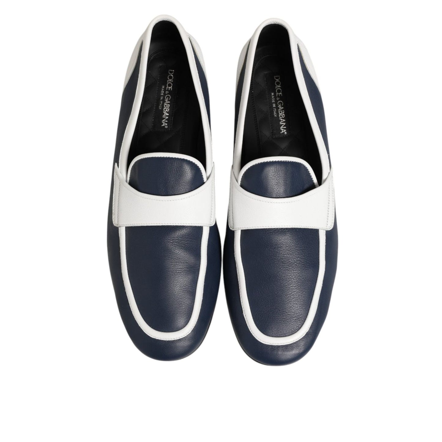 Dolce & Gabbana White Blue Leather Slip On Loafers Men Formal Shoes; sophisticated men's footwear showcasing sleek luxury.