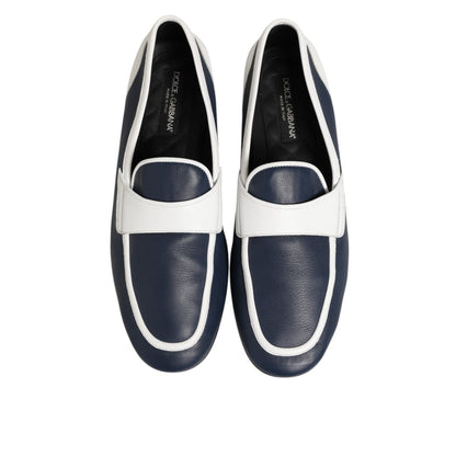 Dolce & Gabbana White Blue Leather Slip On Loafers Men Formal Shoes; sophisticated men's footwear showcasing sleek luxury.