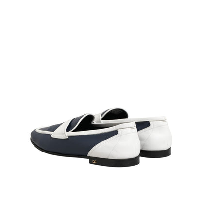Dolce & Gabbana White Blue Leather Slip On Loafers Men Formal Shoes, shown from the back side view, crafted from smooth leather.