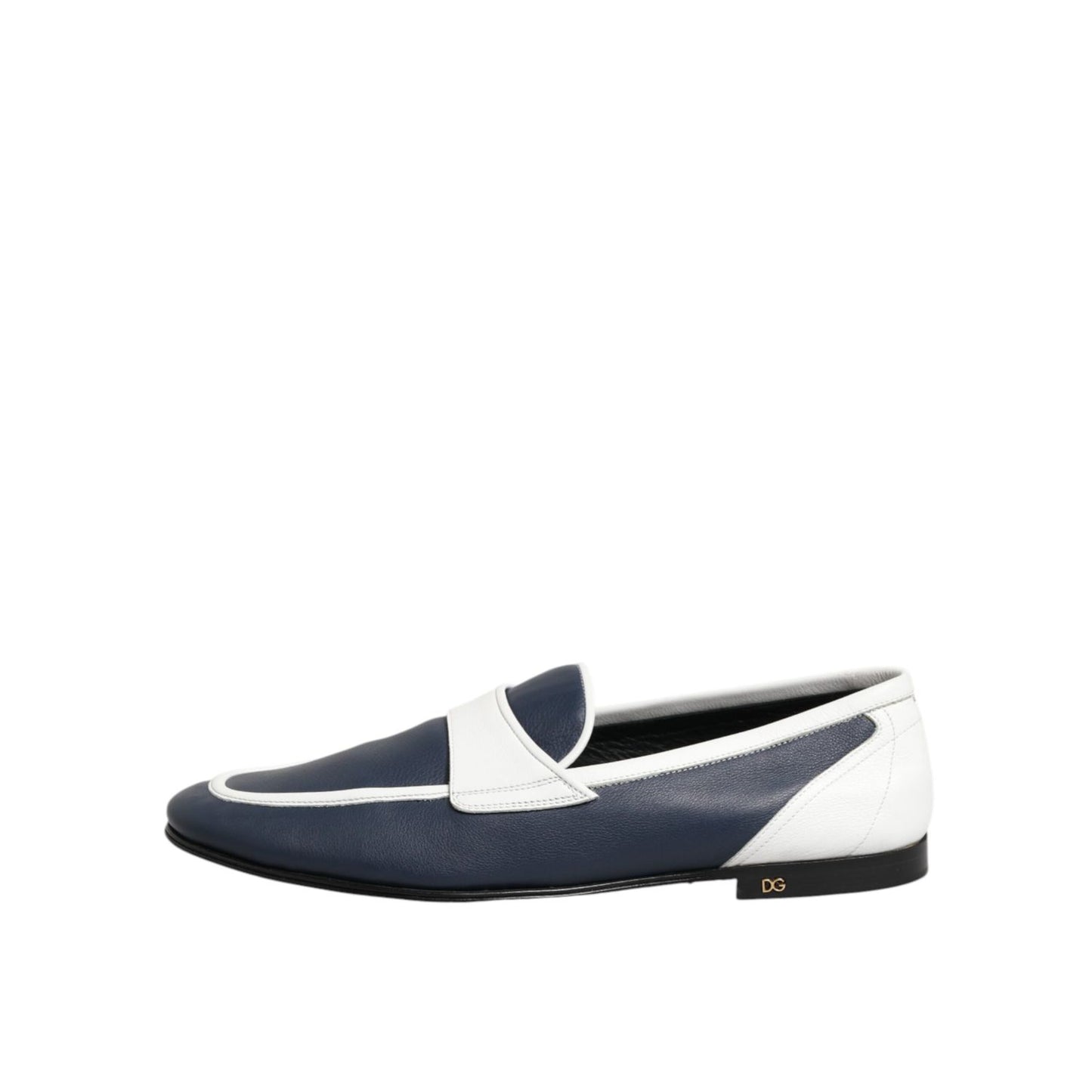 Dolce & Gabbana White Blue Leather Slip On Loafers Men Formal Shoes, elegant men's footwear for stylish occasions.