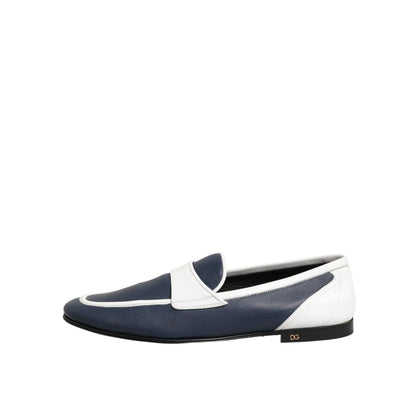 Dolce & Gabbana White Blue Leather Slip On Loafers Men Formal Shoes, elegant men's footwear for stylish occasions.