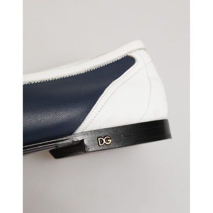 Dolce & Gabbana White Blue Leather Slip On Loafers Men Formal Shoes with DG logo on the heel, showcasing sleek design details.