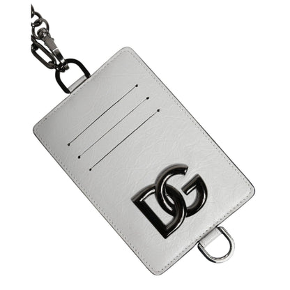 Dolce & Gabbana White Calf Leather Lanyard Logo Card Holder Wallet