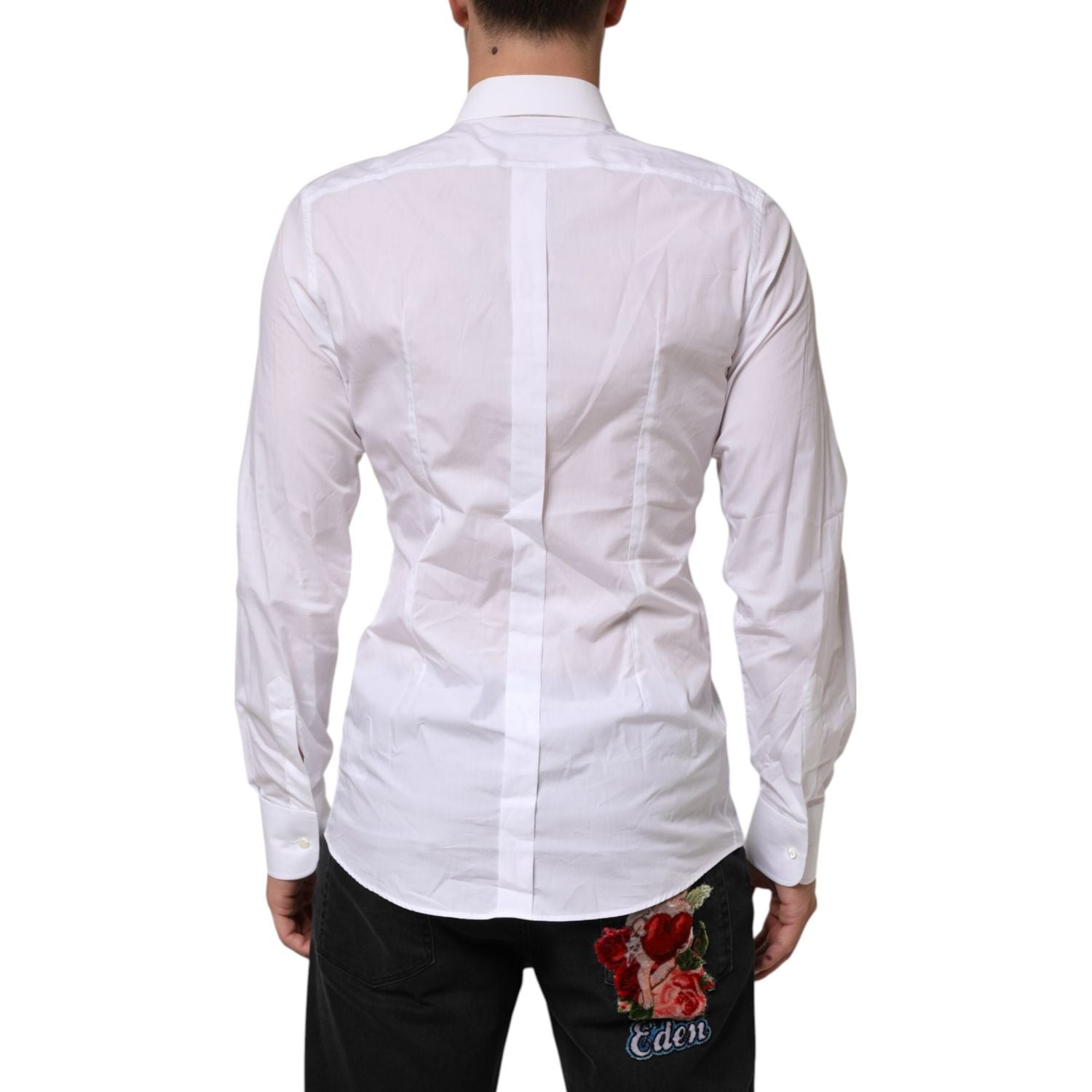Dolce & Gabbana White Cotton DG Logo Pearl Chain Formal Shirt