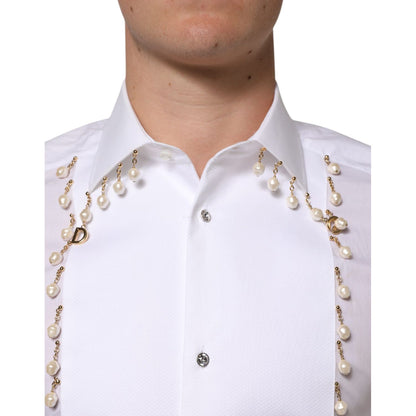Dolce & Gabbana White Cotton DG Logo Pearl Chain Formal Shirt