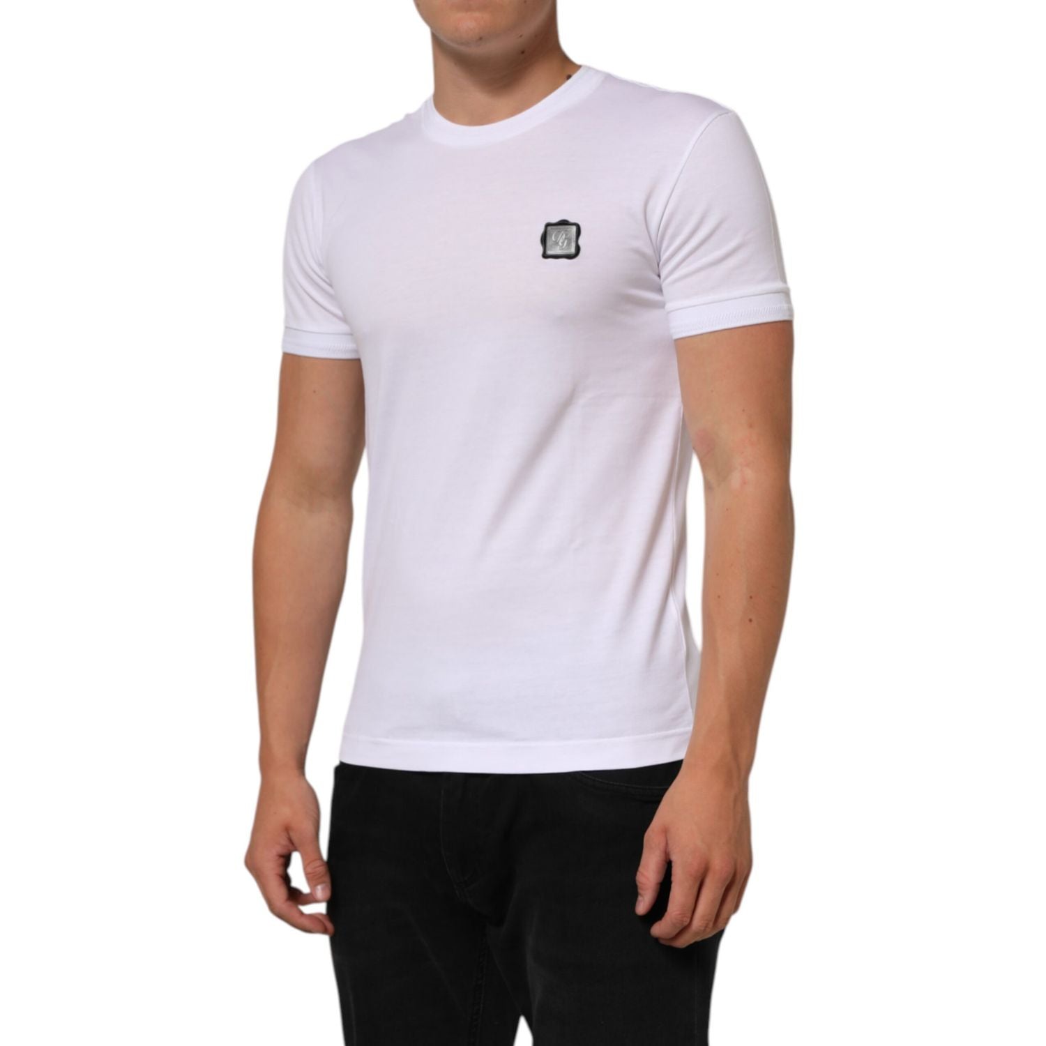 Dolce & Gabbana White Cotton Logo Patch Crew Neck  T-shirt