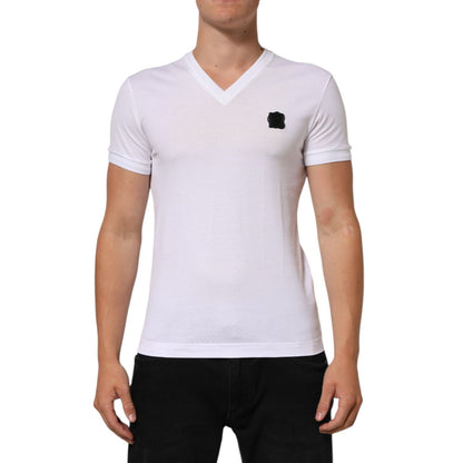 Dolce & Gabbana White Cotton Logo Patch V-neck Tee T-shirt