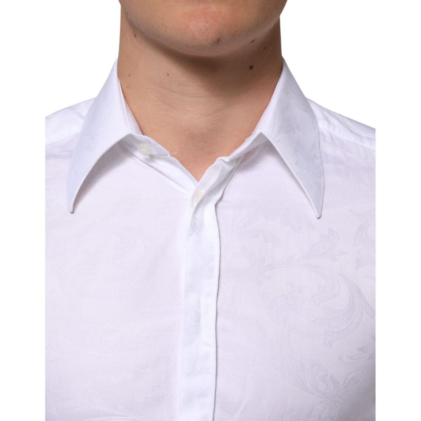 Dolce & Gabbana White Cotton MARTINI Paisley Jacquard Shirt with elegant detailing and slim fit, featuring button closure and logo.