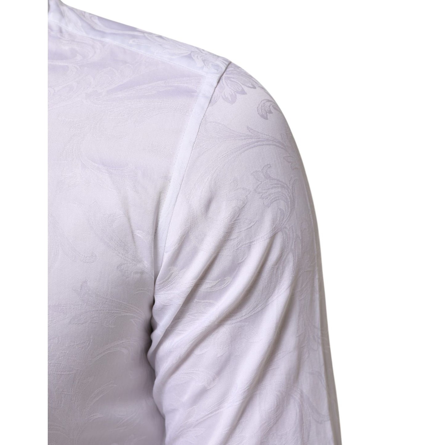 Close-up of Dolce & Gabbana White Cotton MARTINI Paisley Jacquard Shirt, highlighting elegant jacquard weave and slim fit design.