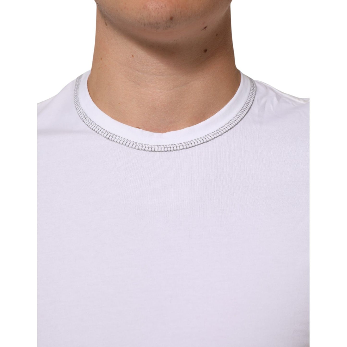 Dolce & Gabbana White Cotton Round Neck Men Underwear T-shirt with logo detail, highlighting soft stretch cotton material and regular fit design.