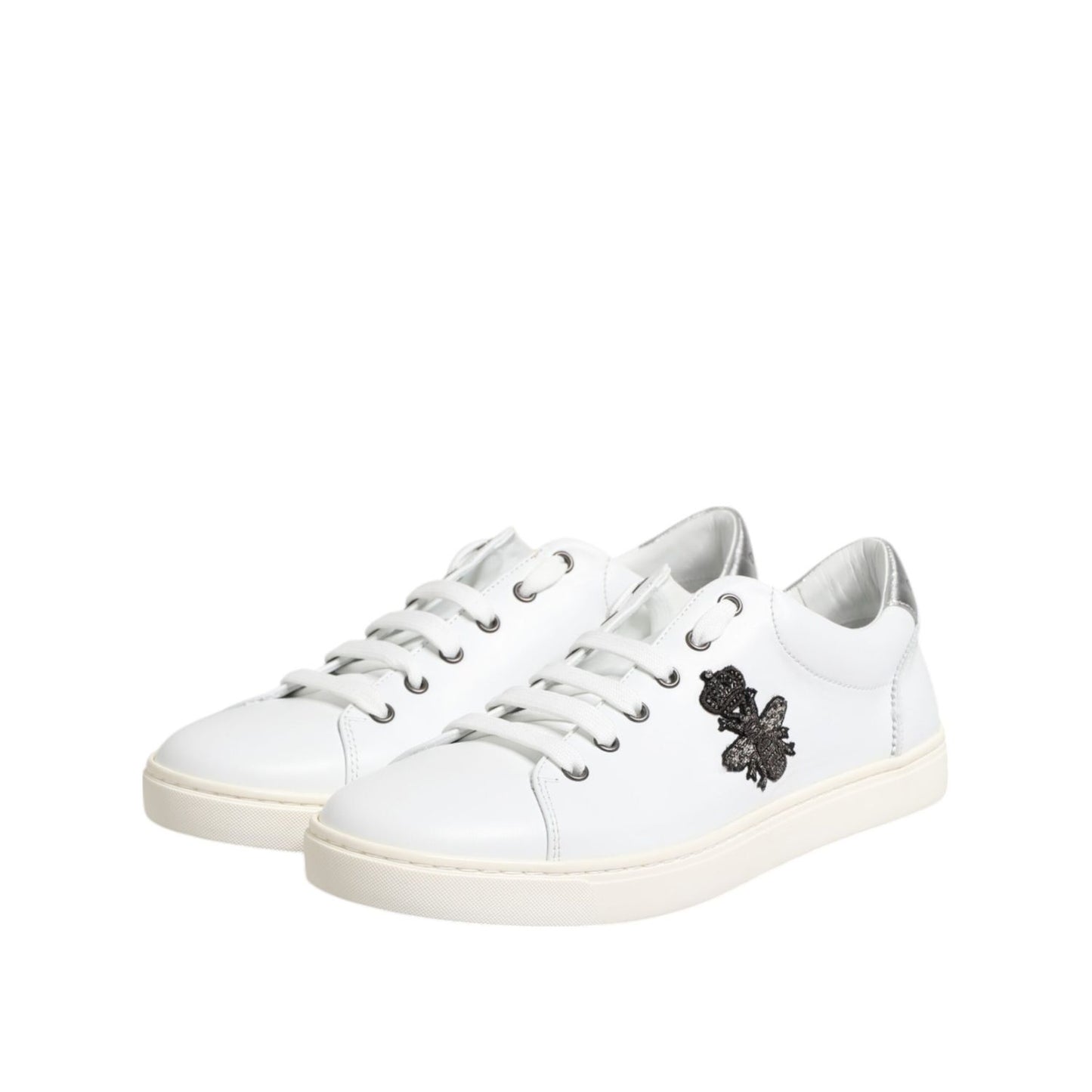 Dolce & Gabbana White Crown Bee Leather Low Top Sneakers Shoes displayed at an angle, featuring high craftsmanship and logo details.