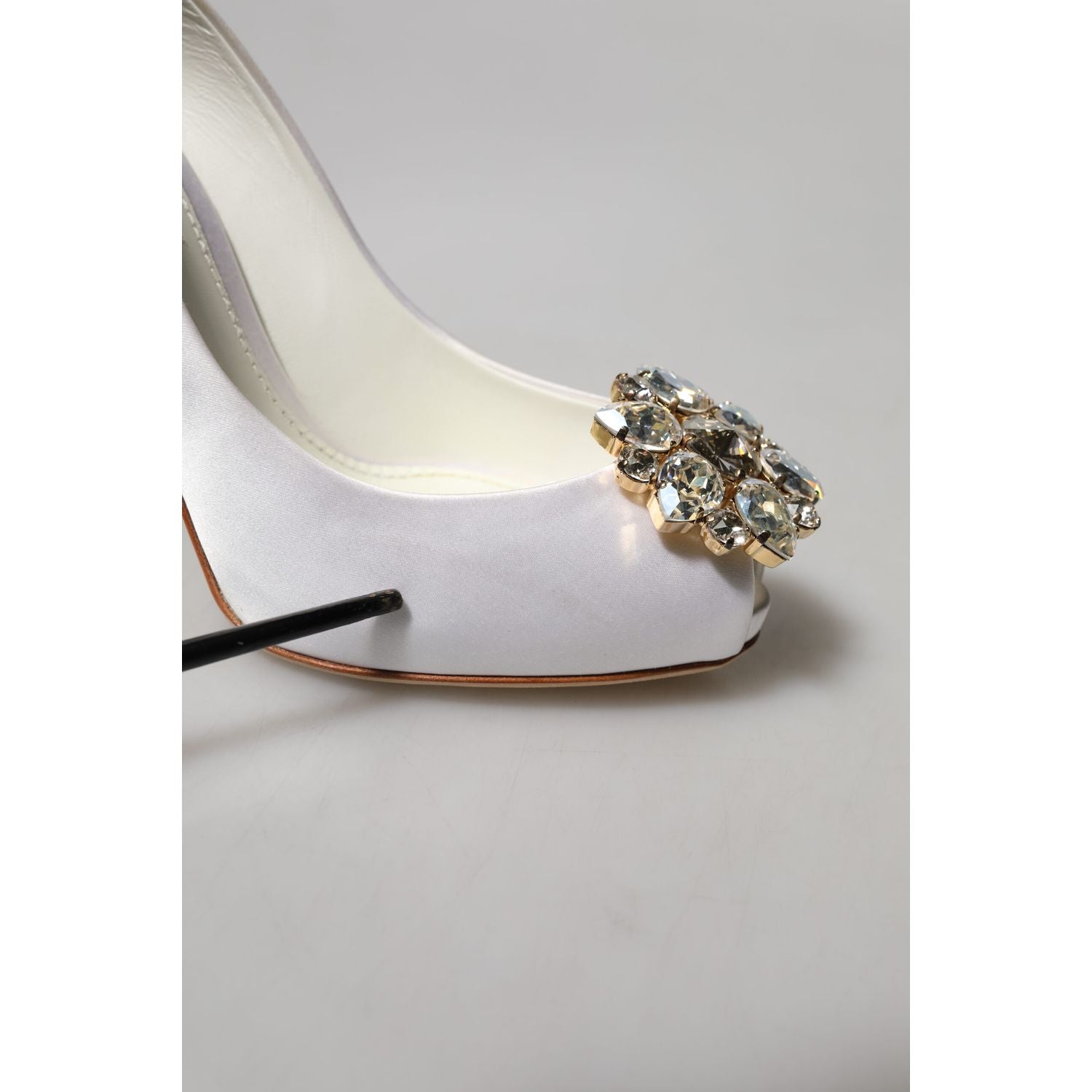 Dolce & Gabbana White Crystals Peep Toe Satin Pumps Shoes