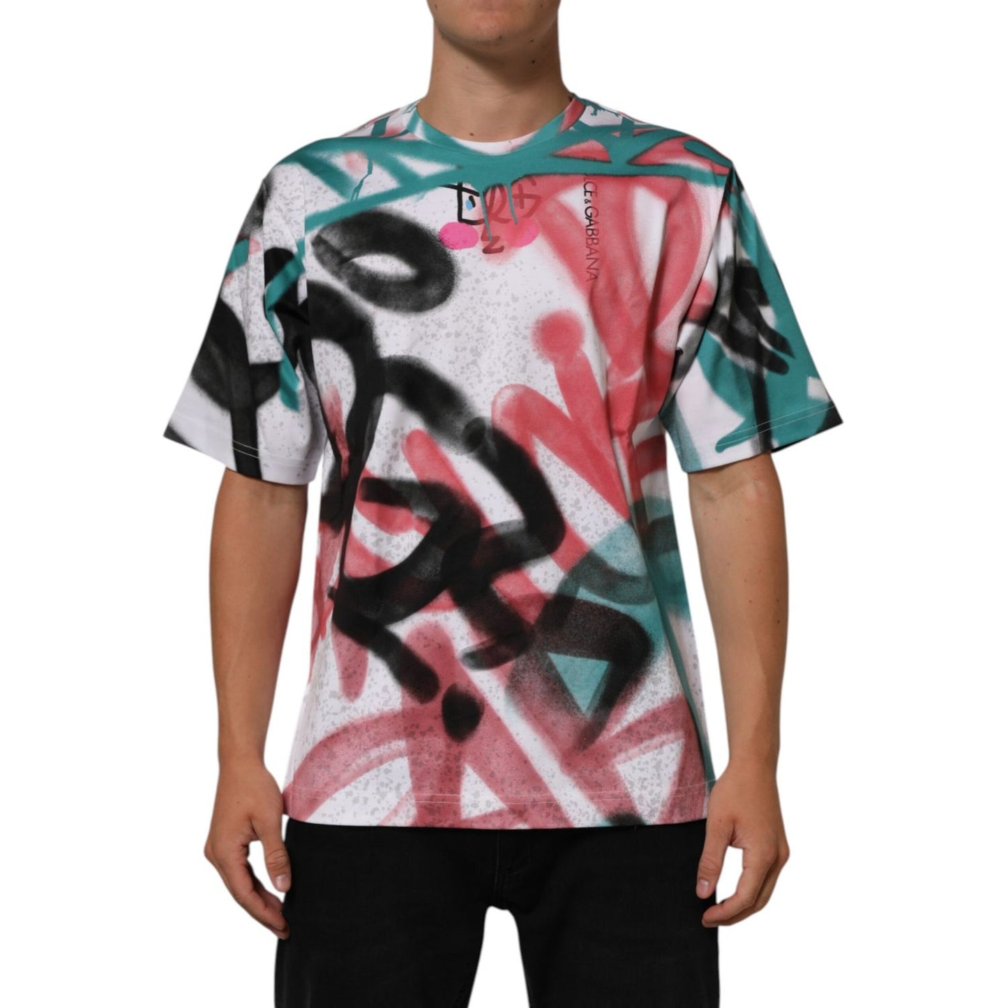Dolce & Gabbana White Graffiti Crew Neck Short Sleeves T-shirt with urban style and colorful graffiti print.