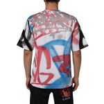 Back view of Dolce & Gabbana White Graffiti Crew Neck Short Sleeves T-shirt featuring urban graffiti design on a male model.