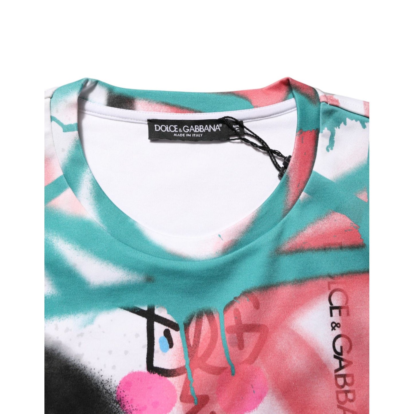 Dolce & Gabbana White Graffiti Crew Neck Short Sleeves T-shirt close up showing colorful design and brand tag