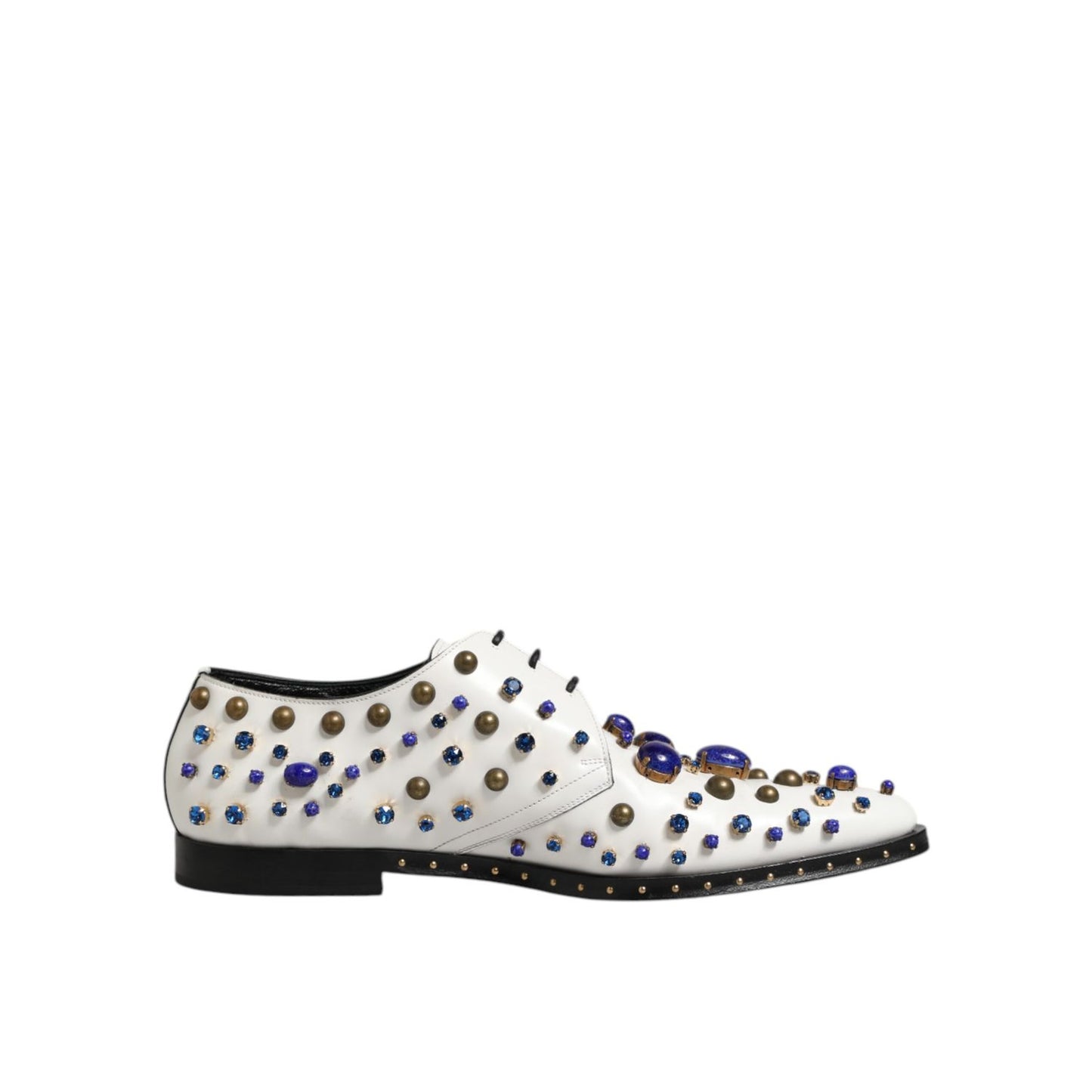 Dolce & Gabbana White Leather Crystals Embellished Dress Shoes with multicolor crystal accents, perfect for formal occasions and evening wear.