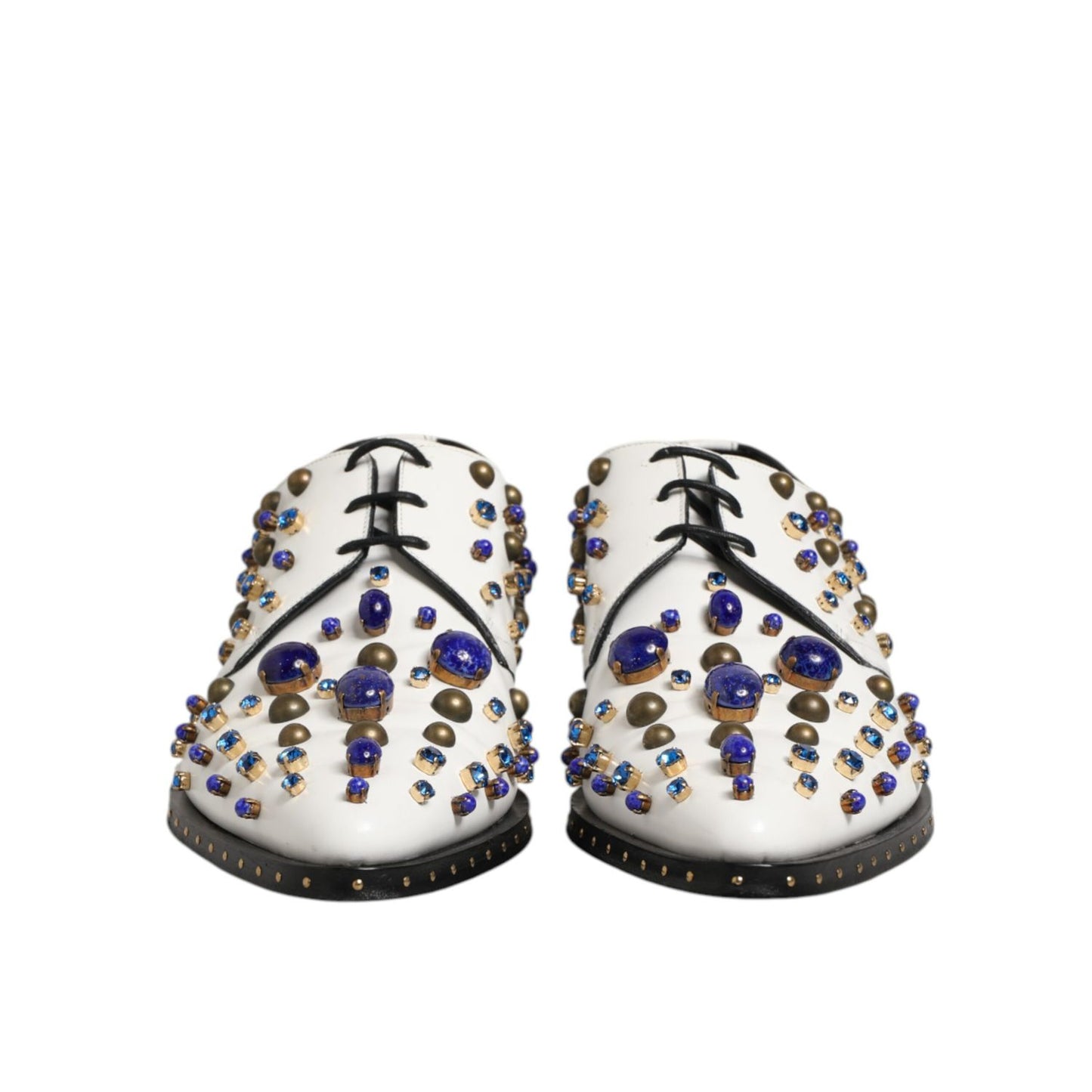 Dolce & Gabbana White Leather Crystals Embellished Dress Shoes with multicolor gems, elegant formal footwear, front view